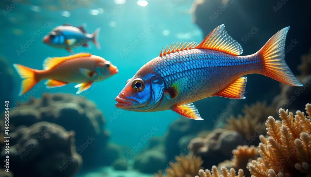 Fototapeta premium Fish Swimming in Ocean with Coral and Sunlight