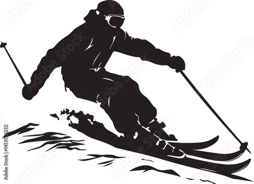 Silhouette of a Skier: Downhill Skiing in Action, Winter Sport Illustration, Black and White Vector Graphic for Skiing Enthusiasts and Designs