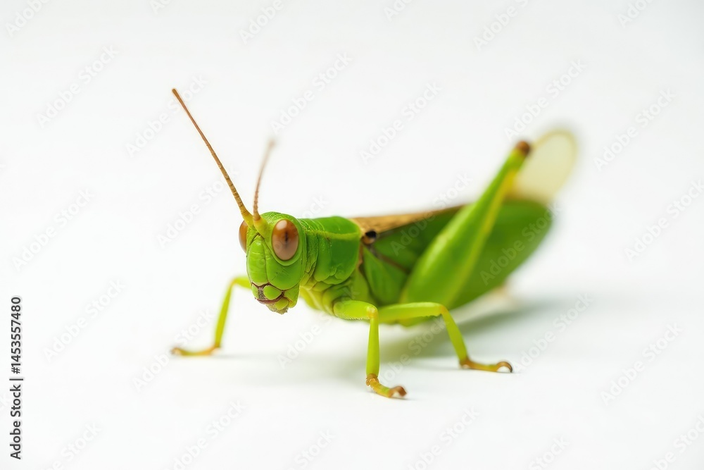 A single green grasshopper isolated on pure white, insect, antennae, bright A single green grasshopper isolated on pure white, insect, antennae, bright