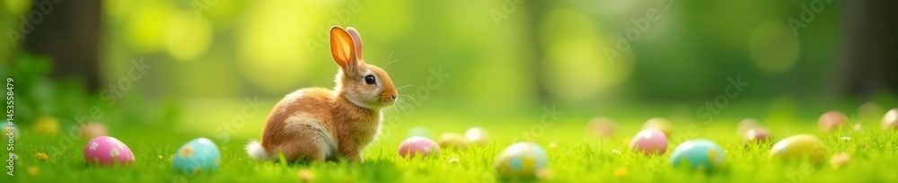 Fototapeta premium Red rabbit sits amidst colorful Easter eggs scattered on vibrant green grass , field, march, spring