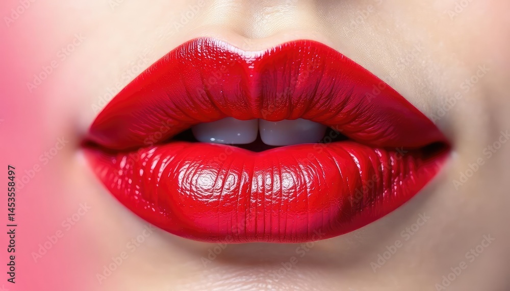 Obraz premium Close-up of vibrant red lipstick on pure white backdrop, macro, lip, intense