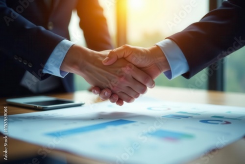 Two hands shaking above a table with documents , professional, business