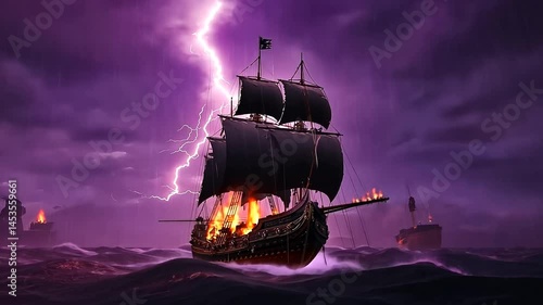 Fiery pirate ship navigating stormy seas at night