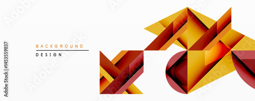 Abstract geometric design features layered shapes. Warm color palette dominates, utilizing shades of orange, yellow, red. Modern aesthetic suitable for backgrounds, presentations.