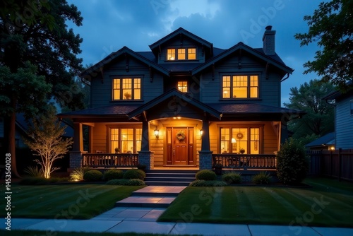 Night falls on Craftsman house; exterior & interior lights create inviting ambiance , house, photography