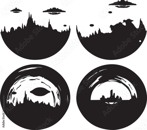 Silhouette Alien Invasion Vector Art: UFOs Over Futuristic Cityscapes in Circular Graphic Designs, Black and White Sci-Fi Illustration Set