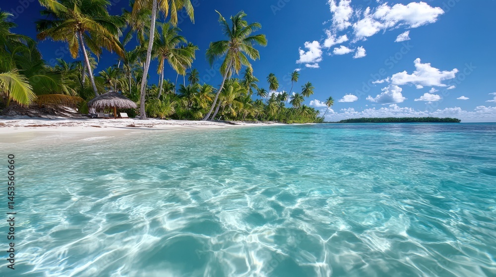 Naklejka premium Tropical Beach Paradise with Palm Trees and Clear Blue Ocean Serenity