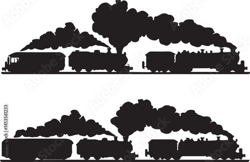 Vintage Steam Train Silhouette Vector Graphic: Classic Locomotive Engine with Billowing Smoke - Railroad Transport Illustration Art