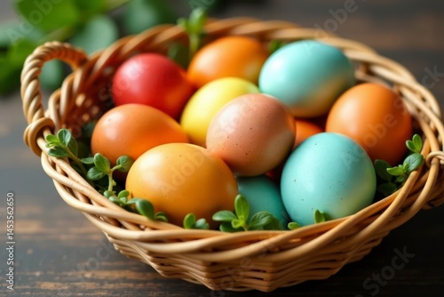 Colorful egg collection in woven basket, fresh farm feel, eggs, basket, celebration