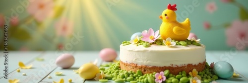 Decorated Easter cake with pastel eggs and a charming chicken , cake, pink