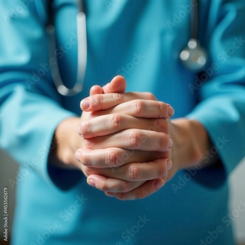 Close-up of hands clasped during medical visit, doctor patient relationship, visit