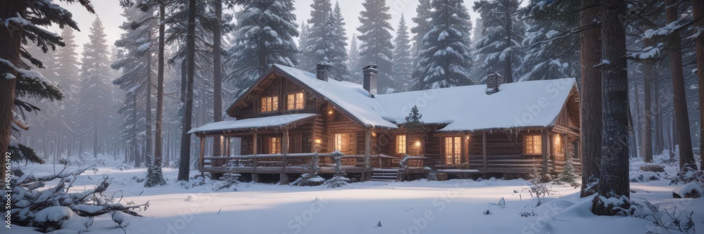 Naklejka premium Snow-dusted pines, cozy cabin nestled in snowy woods , christmas, white