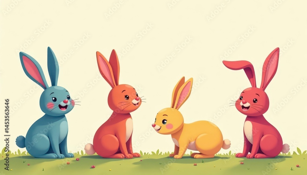Fototapeta premium Whimsical cartoon rabbits, diverse poses and hues, art, playful rabbit