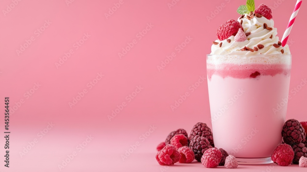 Refreshing Glass of Milk Topped with Whipped Cream and Raspberries Refreshing Glass of Milk Topped with Whipped Cream and Raspberries