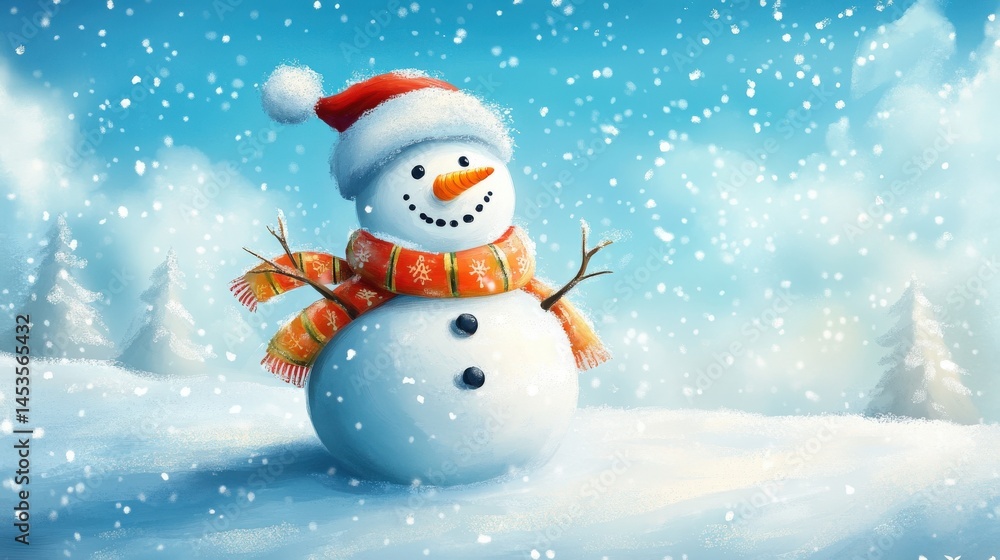 A cheerful snowman enjoys a snowy winter scene. A cheerful snowman enjoys a snowy winter scene.