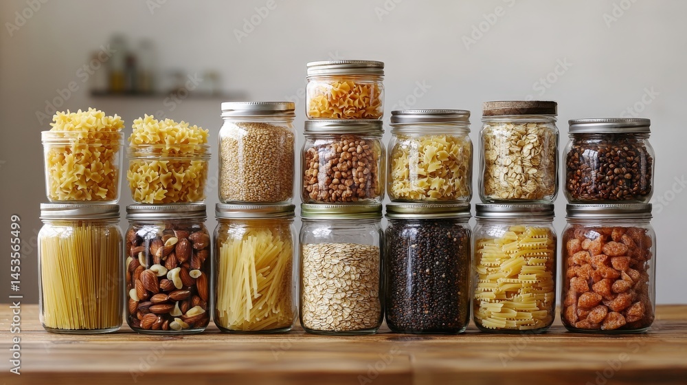 Assortment of Uncooked Grains and Pasta in Jars on Wooden Table Assortment of Uncooked Grains and Pasta in Jars on Wooden Table