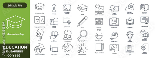 E-learning icon set. Online Education related line icons: e-book, training, distance learning, online learning, webinar, knowledge, study, school and more. Editable stroke. Vector illustration.