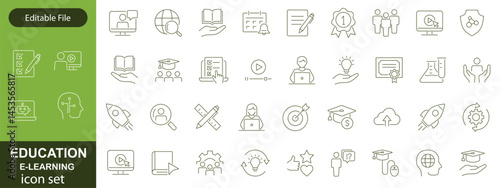 E-learning icon set. Online Education related line icons: e-book, training, distance learning, online learning, webinar, knowledge, study, school and more. Editable stroke. Vector illustration.