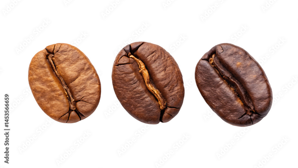 Fototapeta premium Three roasted coffee beans isolated on a white background png ai