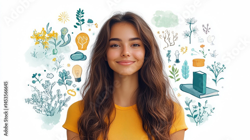 A smiling woman with long brown hair wearing a yellow t-shirt, surrounded by hand-drawn illustrations of nature, lightbulbs, and a book