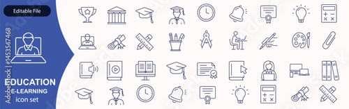 E-learning icon set. Online Education related line icons: e-book, training, distance learning, online learning, webinar, knowledge, study, school and more. Editable stroke. Vector illustration.