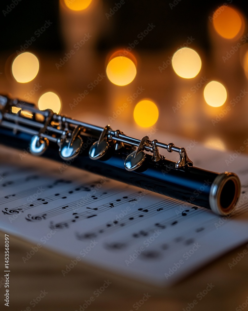 Obraz premium Classical Flute Resting on Sheet Music with Bokeh Lights and Artistic Atmosphere