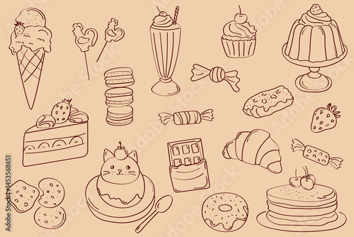 Vector illustration of various desserts and sweets, hand drawn, in minimalistic sketch style. Ideal for menu design, packaging, children's products and branding.