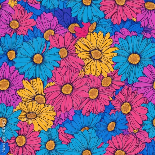 Wallpaper Mural seamless pattern of tiny gerbera daisies with colorful line art in vivid shades--electric blues, vibrant pinks, and bright yellows. Each gerbera daisy is outlined in a bold color Torontodigital.ca