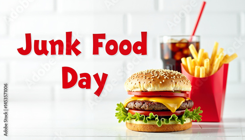 Burger and fries celebrating Junk Food Day on a white background  