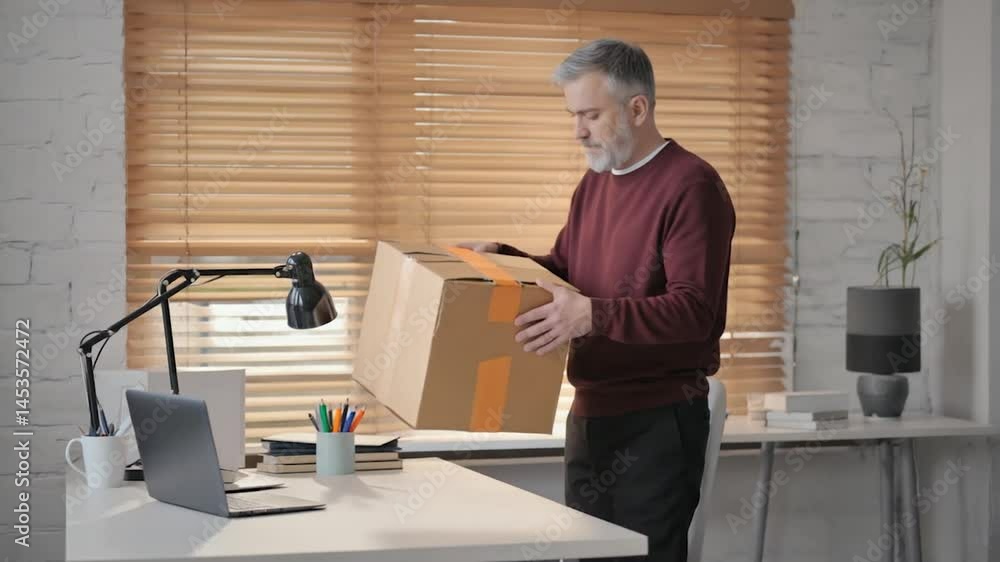 Mature man unpacking cardboard box at home office desk Mature man unpacking cardboard box at home office desk