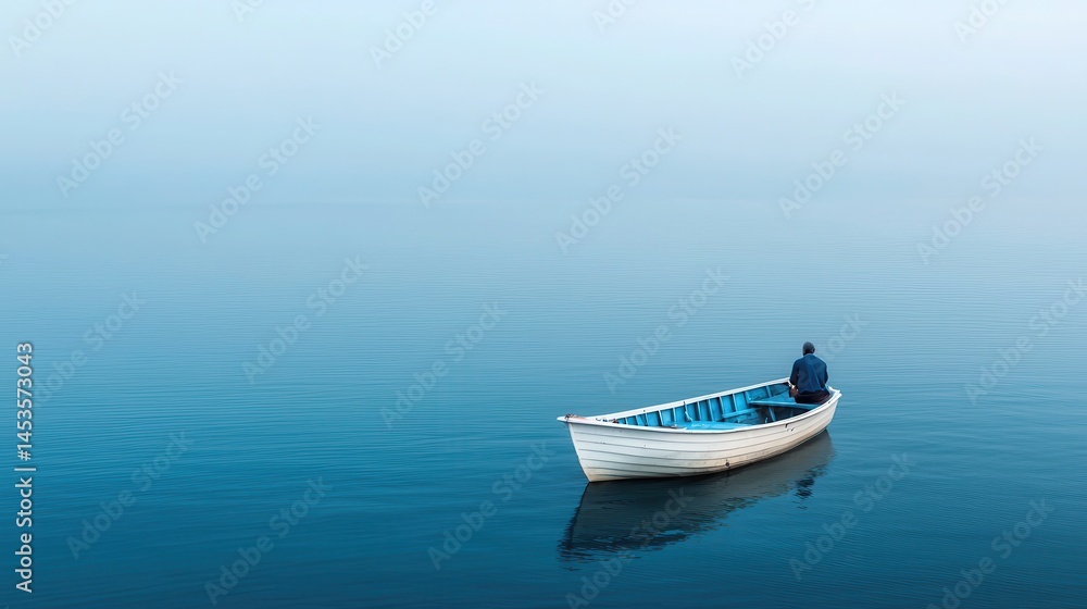 Naklejka premium Serene Rowboat on Calm Waters with a Lone Fisherman at Dawn in a Misty Landscape