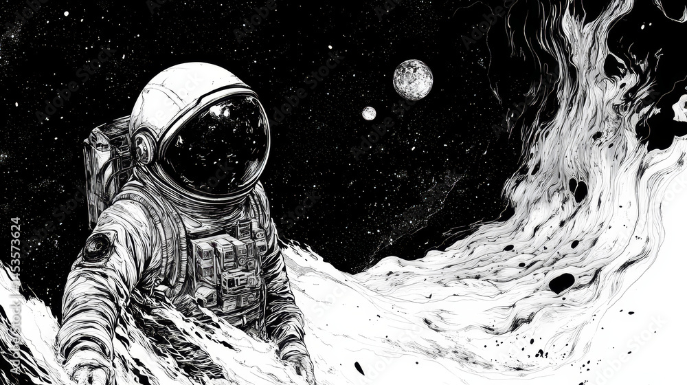 A cosmonaut or astronaut in a floating pose, often with detailed suits and reflective visors