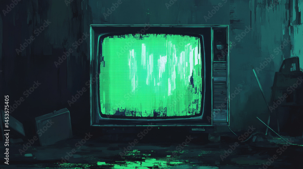 Weird Green Pixels Glitch Effect Abstract Background features a chaotic digital aesthetic, mimicking a malfunctioning television screen or broken video signal.