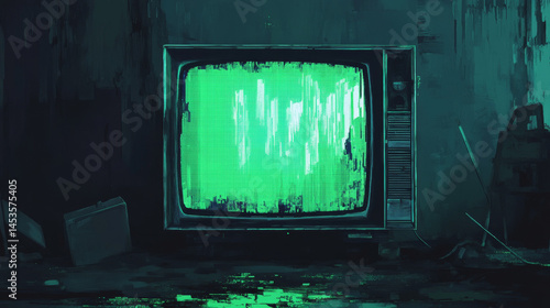 Obraz na płótnie Weird Green Pixels Glitch Effect Abstract Background features a chaotic digital aesthetic, mimicking a malfunctioning television screen or broken video signal. w salonie