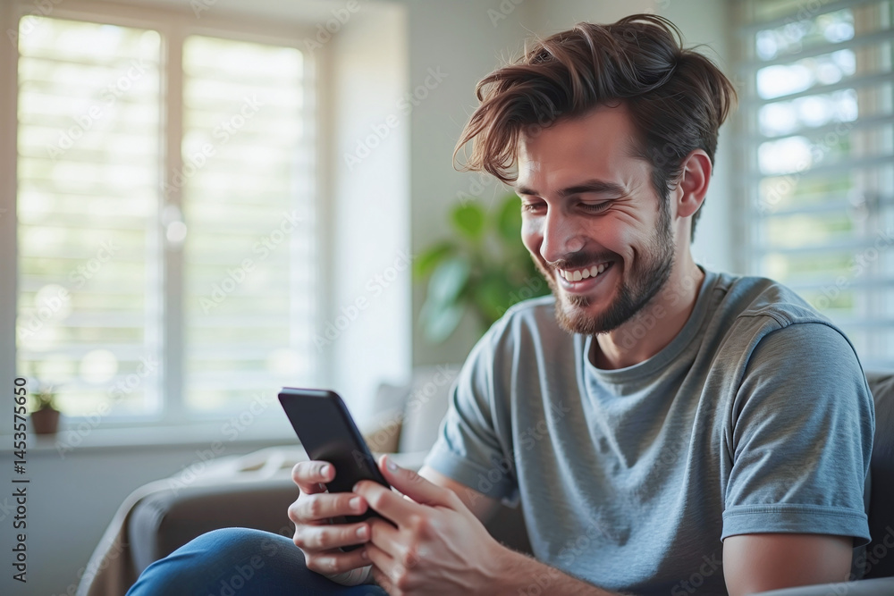Happy man guy using smartphone at Home, smile and hold phone on he hand with internet technology use of shopping, search, chat, message at inddor living room with beautiful natural light Happy man guy using smartphone at Home, smile and hold phone on he hand with internet technology use of shopping, search, chat, message at inddor living room with beautiful natural light
