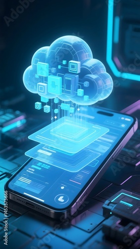 A cell phone is displayed with a cloud on top of it. Concept of technology and innovation, as the cloud represents the vast amount of data and information that can be accessed through the phone