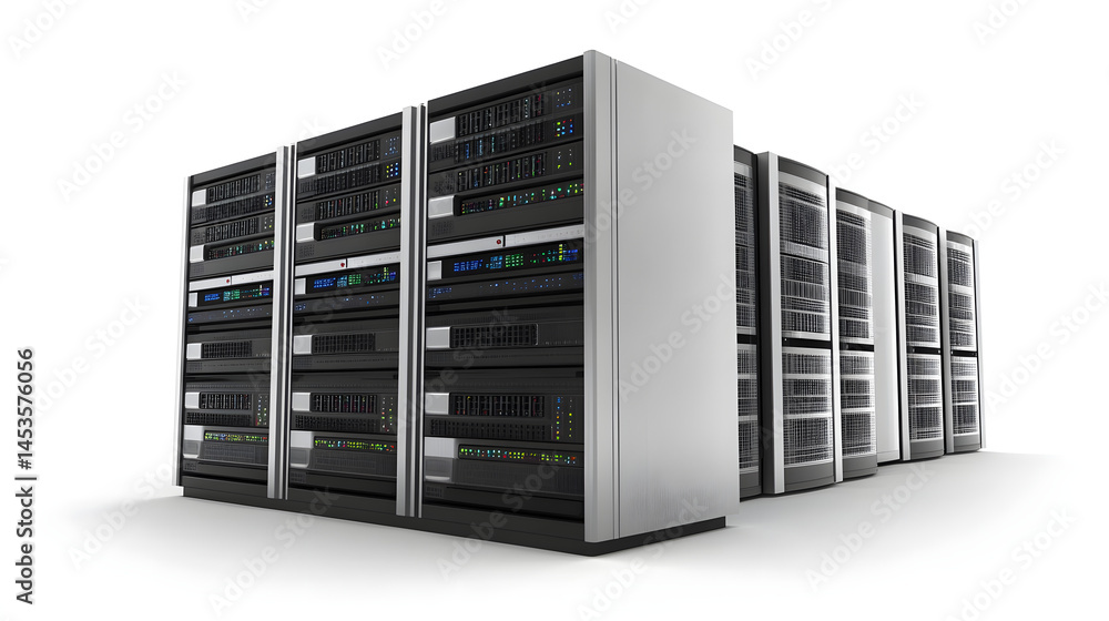 A black server rack with computer hardware stores digital data for internet business in a technology datacenter room A black server rack with computer hardware stores digital data for internet business in a technology datacenter room