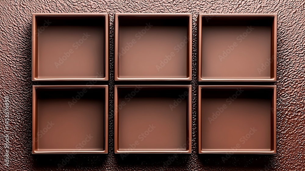 Fototapeta premium Six empty chocolate molds arranged on a textured brown surface, ready for filling with chocolate