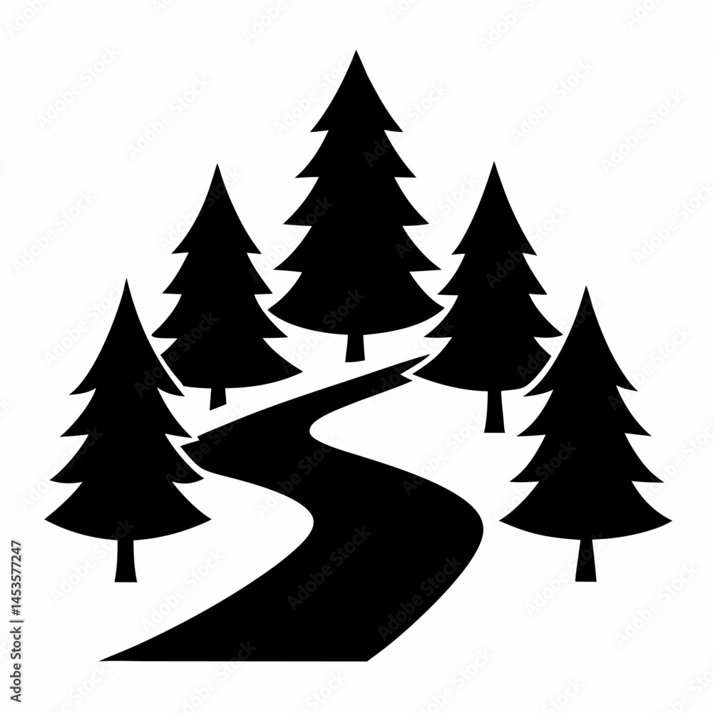 Obraz premium Pine forests with river black vector on white background.