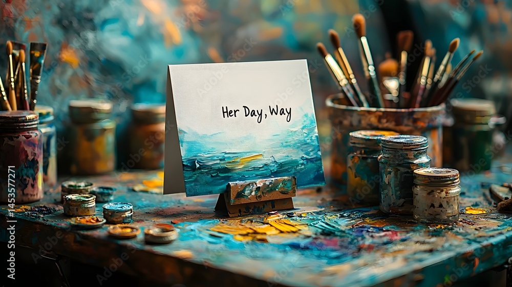 workspace with gift card and painting for Women s Day workspace with gift card and painting for Women s Day