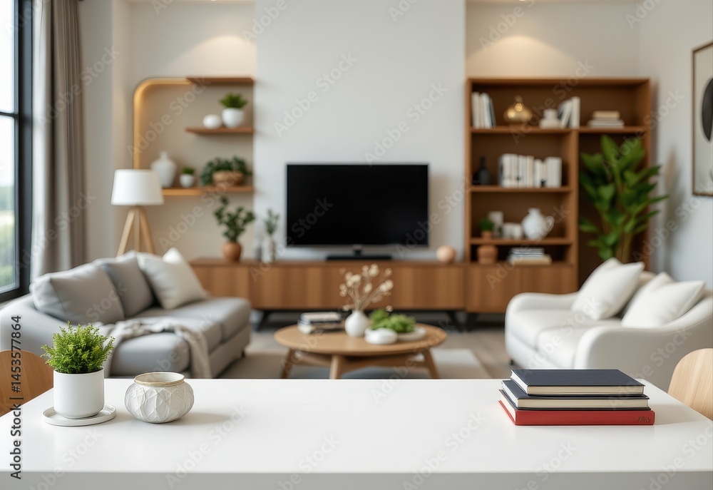 close up modern white table top with free space to edit your product display with books above the living room blurred in the bac close up modern white table top with free space to edit your product display with books above the living room blurred in the bac