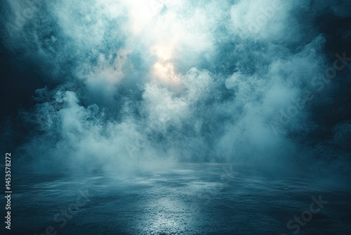 Fototapeta Naklejka Na Ścianę i Meble -  Mystical, smoky, dimly lit space with a reflective floor.