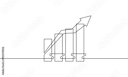Continuous one line drawing of graph illustration vector. Arrow up sign symbol. Flat icon of Increasing bar chart. Single line art of business growth