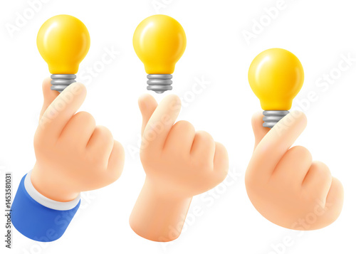 Cute cartoon hand holding yellow light bulb. Set of 3d realistic icons, design elements. Concept of great idea, quick tip, brainstorm or startup. Vector illustration