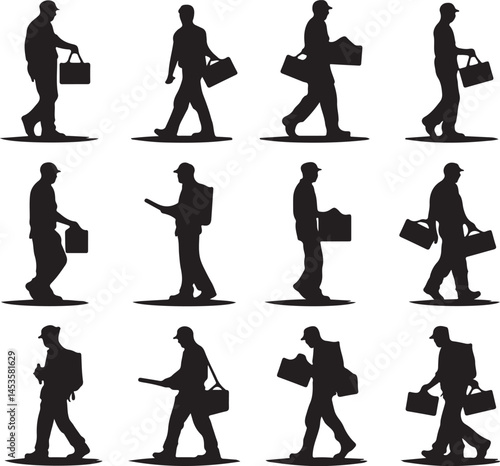 Silhouette Illustrations: Mail Carrier, Delivery Person, Postman Walking with Bag, Package - Vector Graphics, Icon Set, Black and White Art