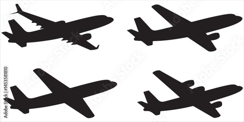 set of black various Airplane Silhouette, Vector illustration of silhouette of an airplane, outline coloring book page line art