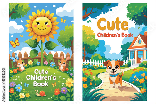 Cartoon Covers For Childrens Book With Cute Animals And Plants