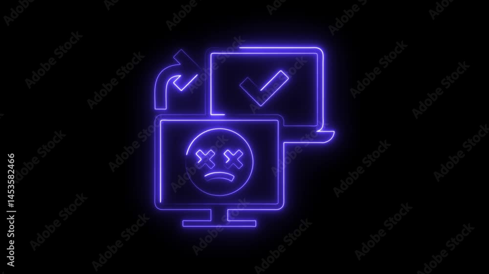 Neon computer data transfer error with success and failure feedback loop on black background Neon computer data transfer error with success and failure feedback loop on black background