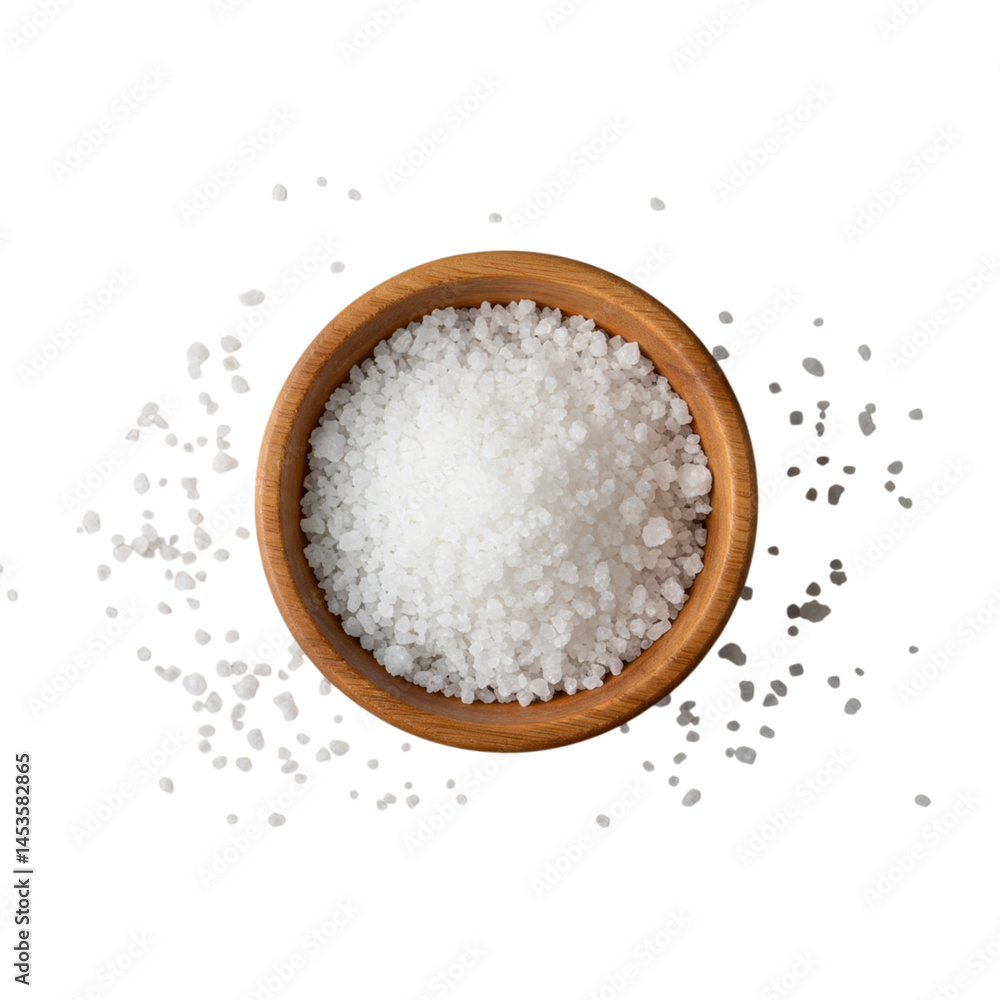 Close up of sea salt in a wooden bowl against a black background Close up of sea salt in a wooden bowl against a black background
