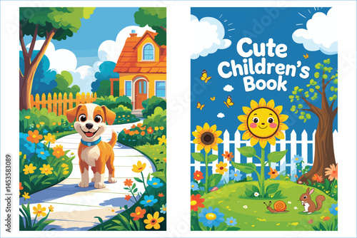 Cartoon Cute Dog In The Yard And Childrens Book Cover Illustration